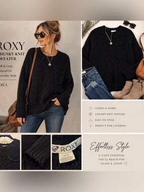 ROXY Black Chunky Knit Sweater | Oversized Relaxed Fit | Size Large